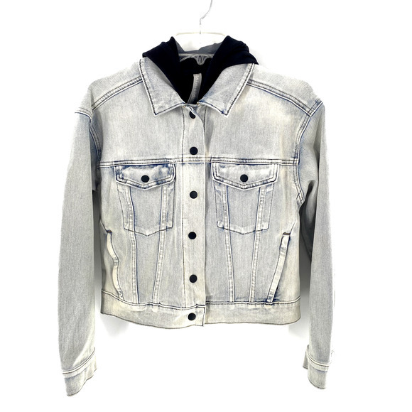 Athleta Double Time Denim Jacket Hooded Vest Combo Womens Sz S Acid Wash/Black - Picture 6 of 16